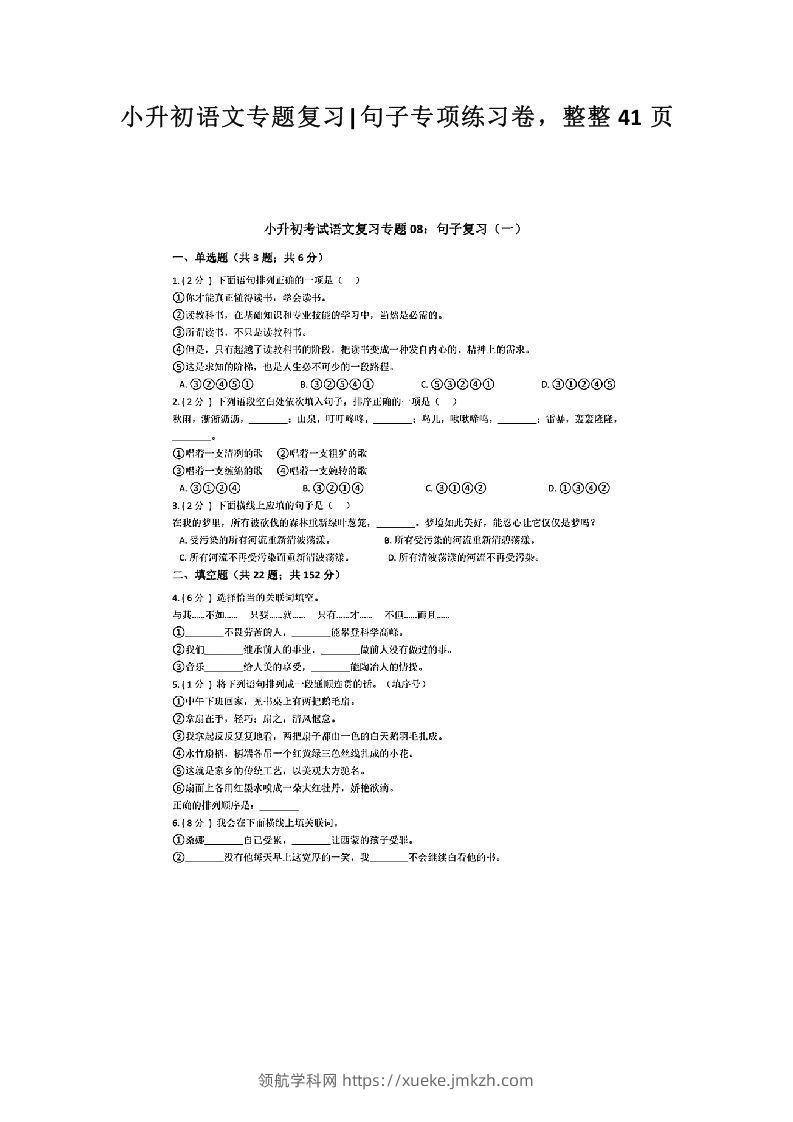 小升初语文专题复习《句子专项练习卷》整整41页-领航学科网