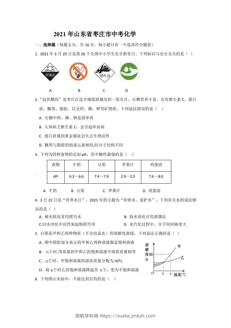 2021山东枣庄中考化学原卷-领航学科网