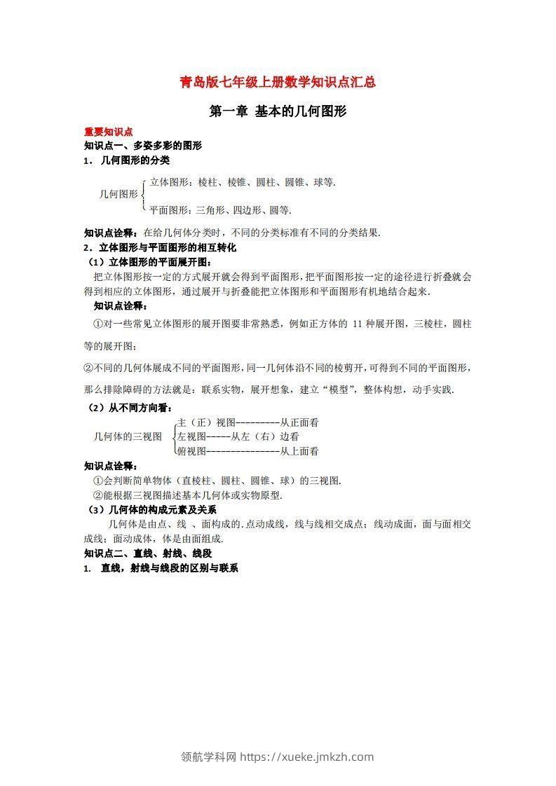 青岛版七年级上册数学知识点汇总-领航学科网
