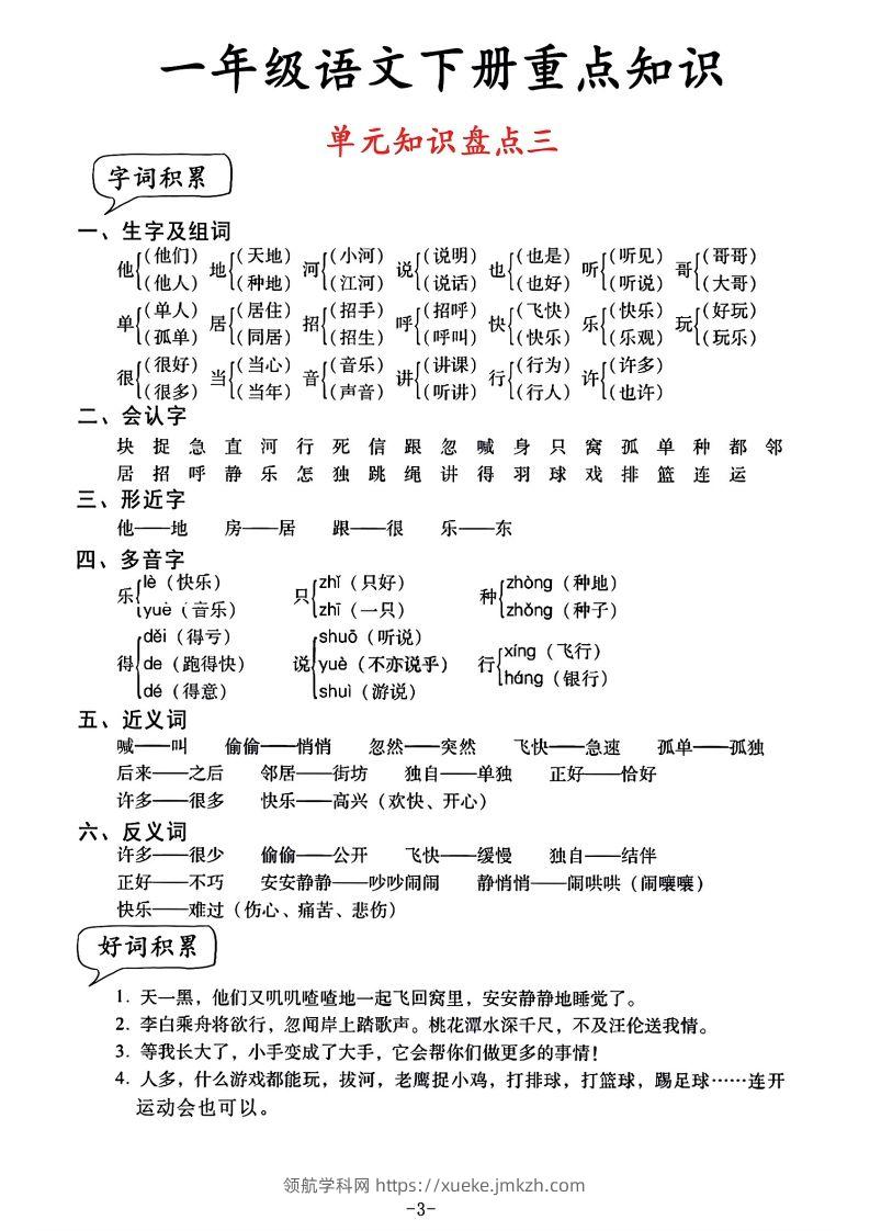 图片[3]-一年级语文单元知识盘点-领航学科网
