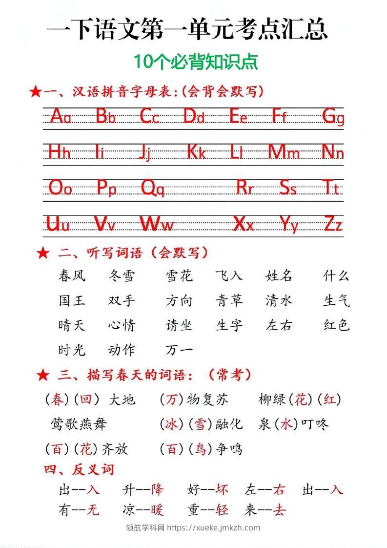 一下语文第一单元10个必备知识点-领航学科网