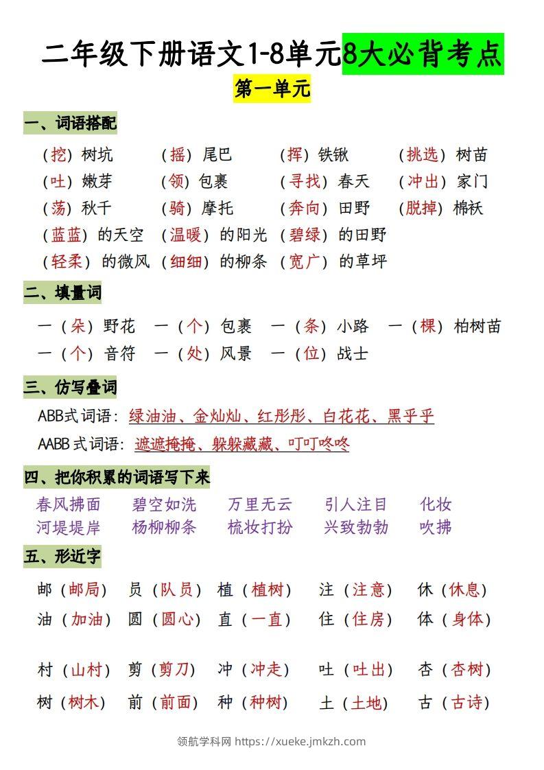 二下册语文1-8单元8大考点必背（1-4单元）(1)-领航学科网