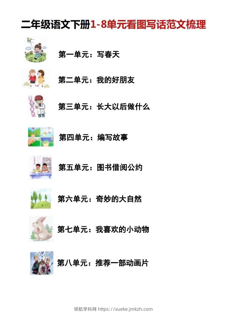 二年级语文下册1-8单元看图写话范文梳理-领航学科网