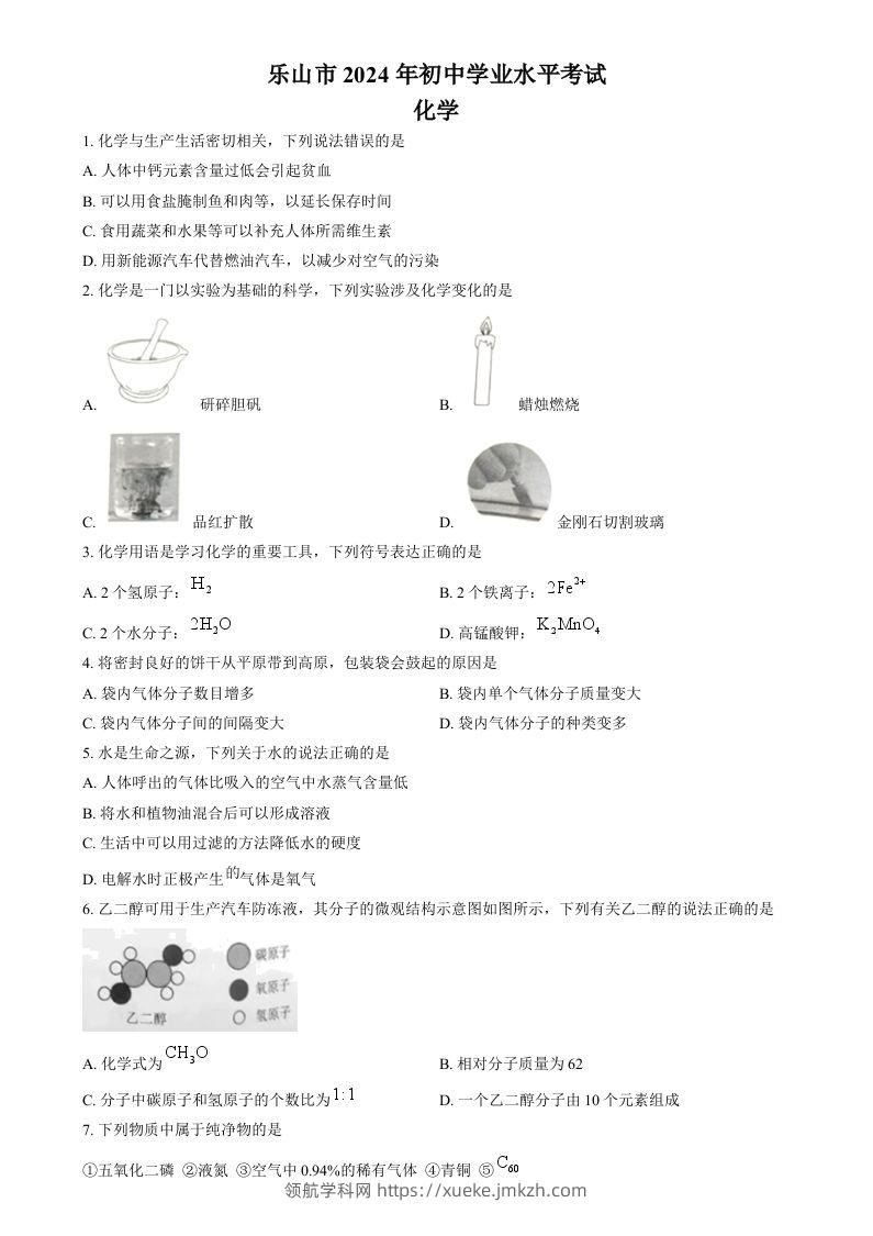 2024年四川省乐山市中考化学真题（空白卷）-领航学科网