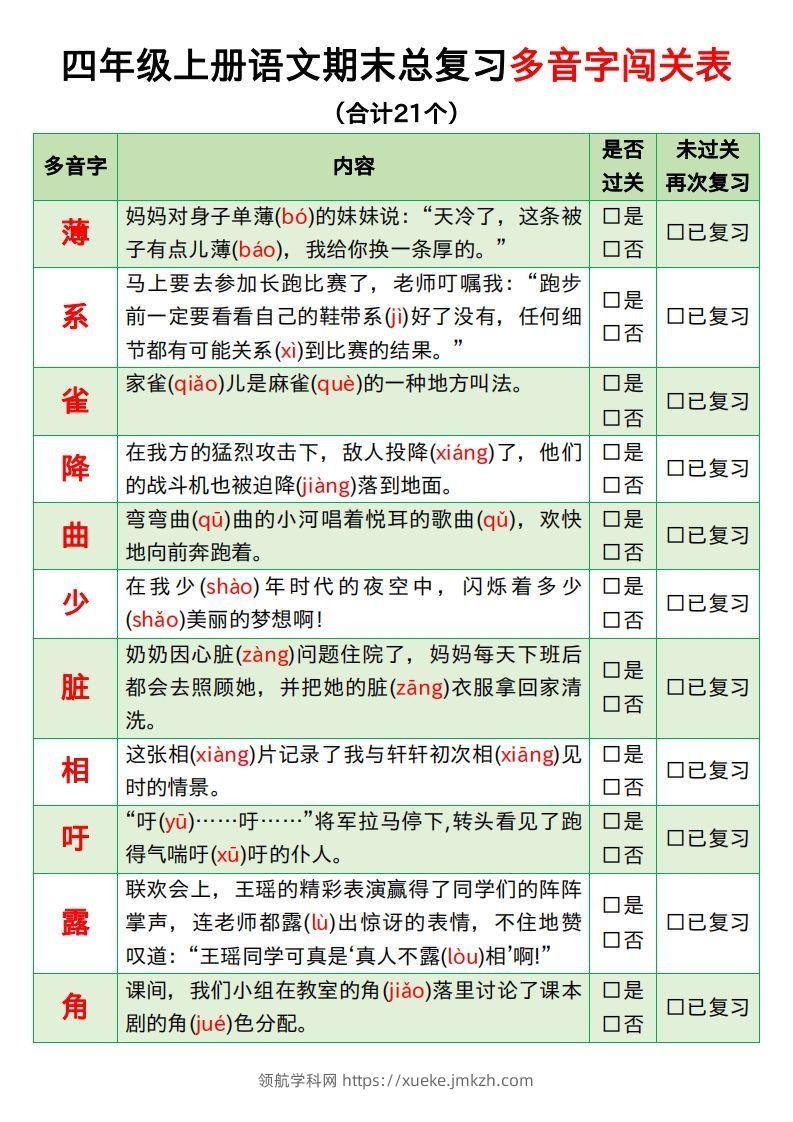 【期末总复习闯关表】四上语文-领航学科网