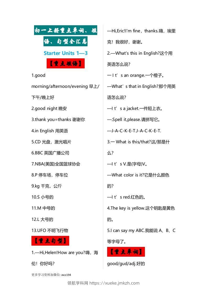 七年级上册：英语重点单词、短语、句型全汇总-领航学科网
