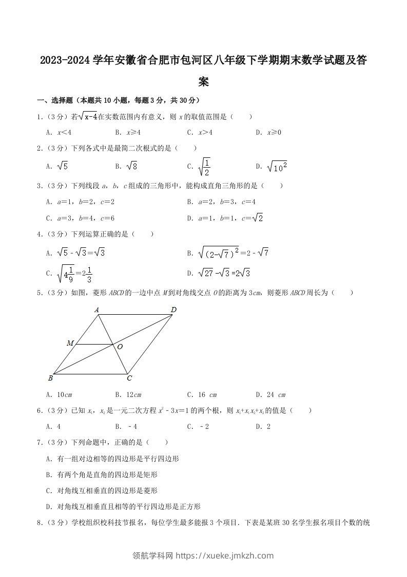 2023-2024学年安徽省合肥市包河区八年级下学期期末数学试题及答案(Word版)-领航学科网