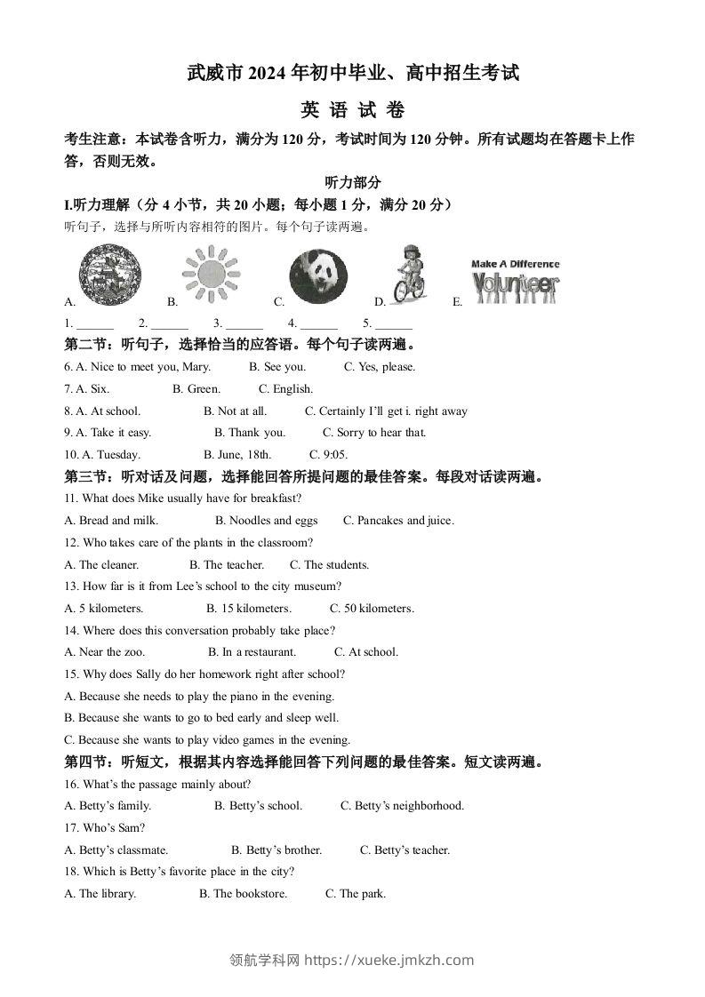2024年甘肃省武威市、嘉峪关市、临夏州中考英语真题（含答案）-领航学科网