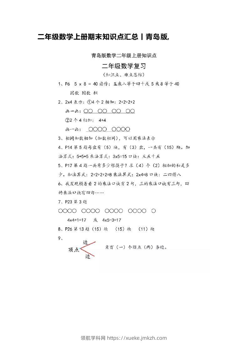 二上青岛版数学重点知识点预习-领航学科网