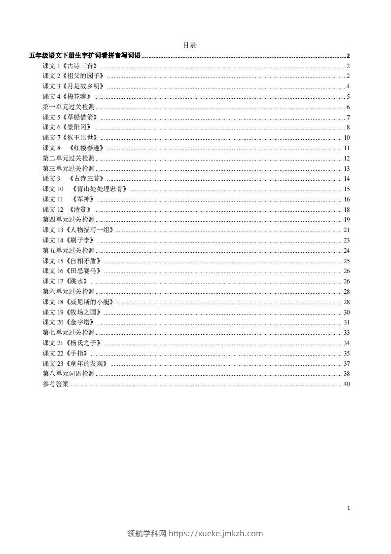 五年级下册语文看拼音写词语（45页）-领航学科网