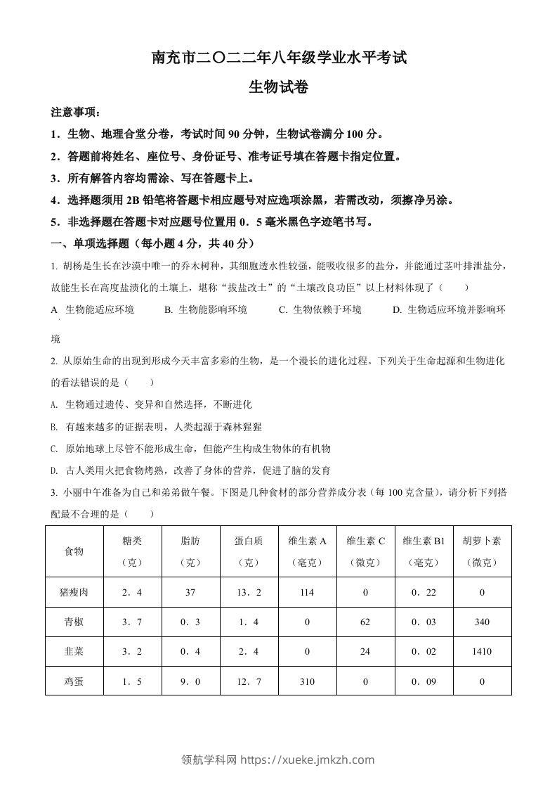 2022年四川省南充市中考生物真题（空白卷）-领航学科网