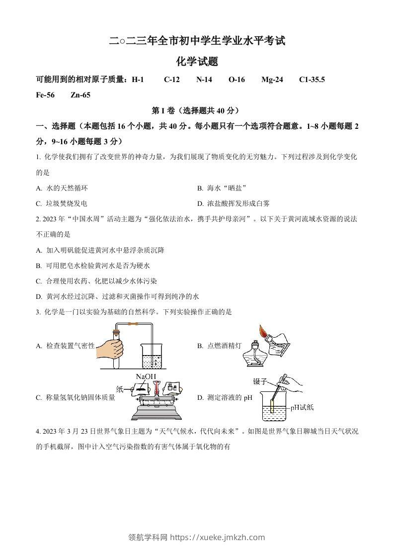 2023年山东省聊城市中考化学真题（空白卷）-领航学科网