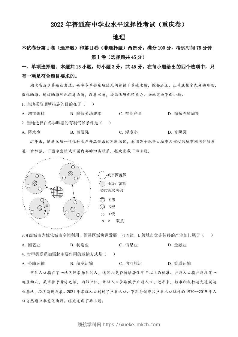 2022年高考地理试卷（重庆）（空白卷）-领航学科网