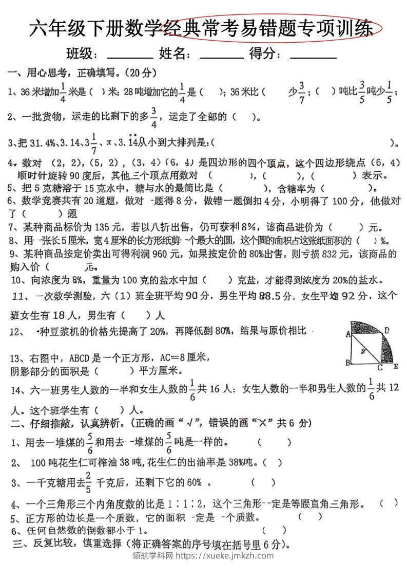 六下数学经典常考易错专项训练-领航学科网