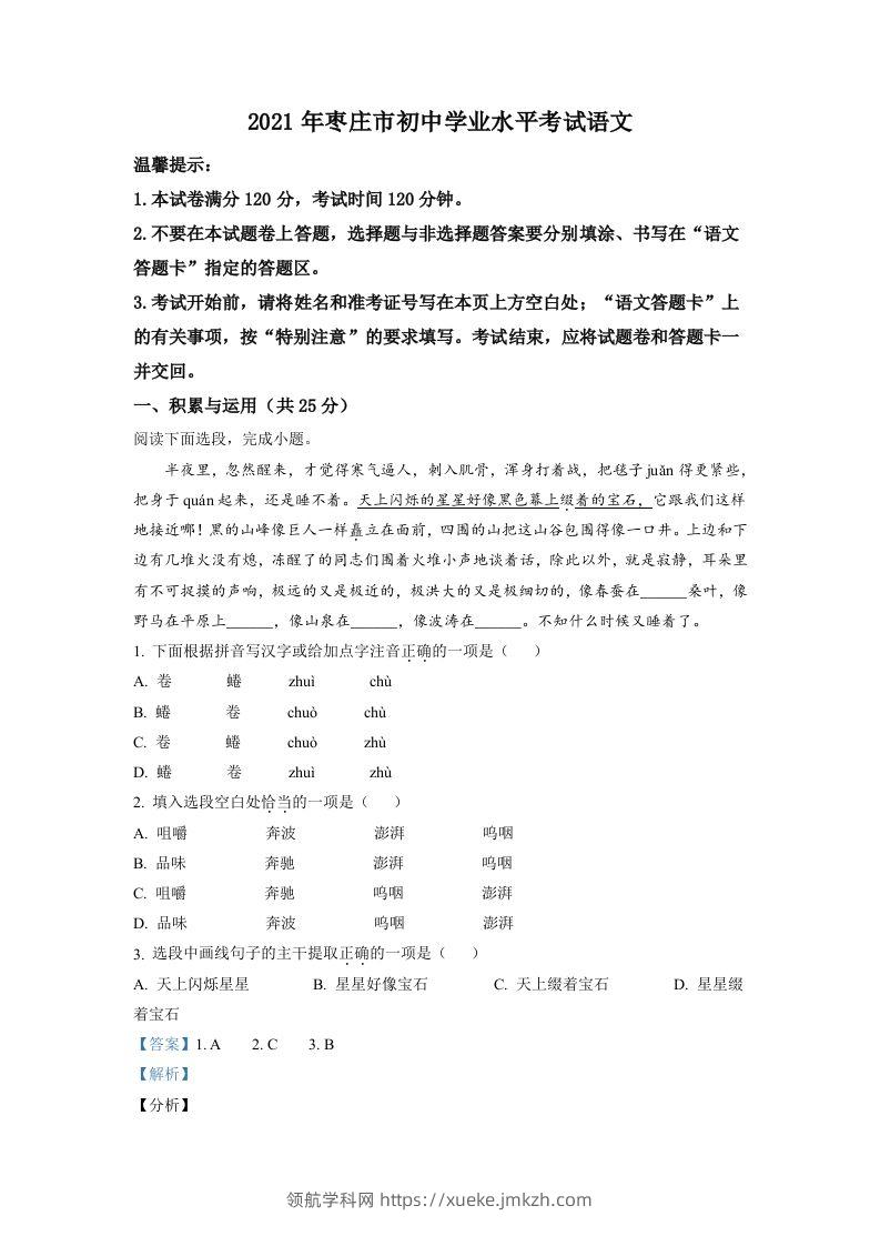 山东省枣庄市2021年中考语文试题（含答案）-领航学科网
