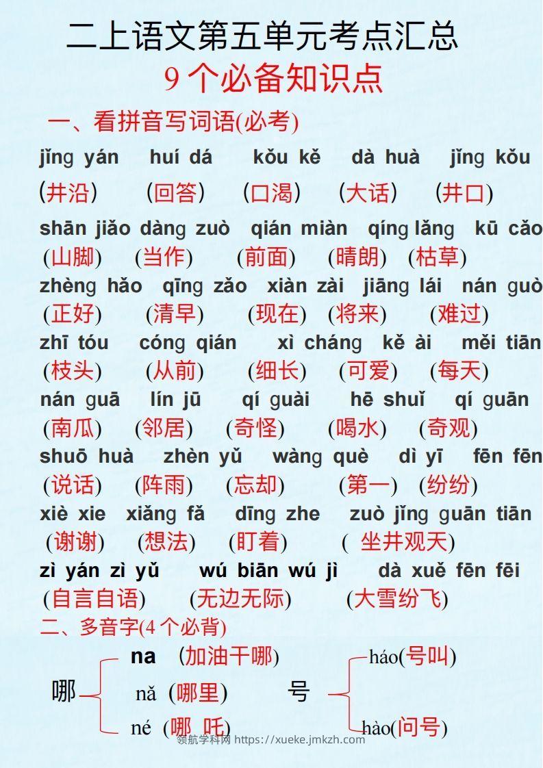二上语文第五单元考点汇总-领航学科网