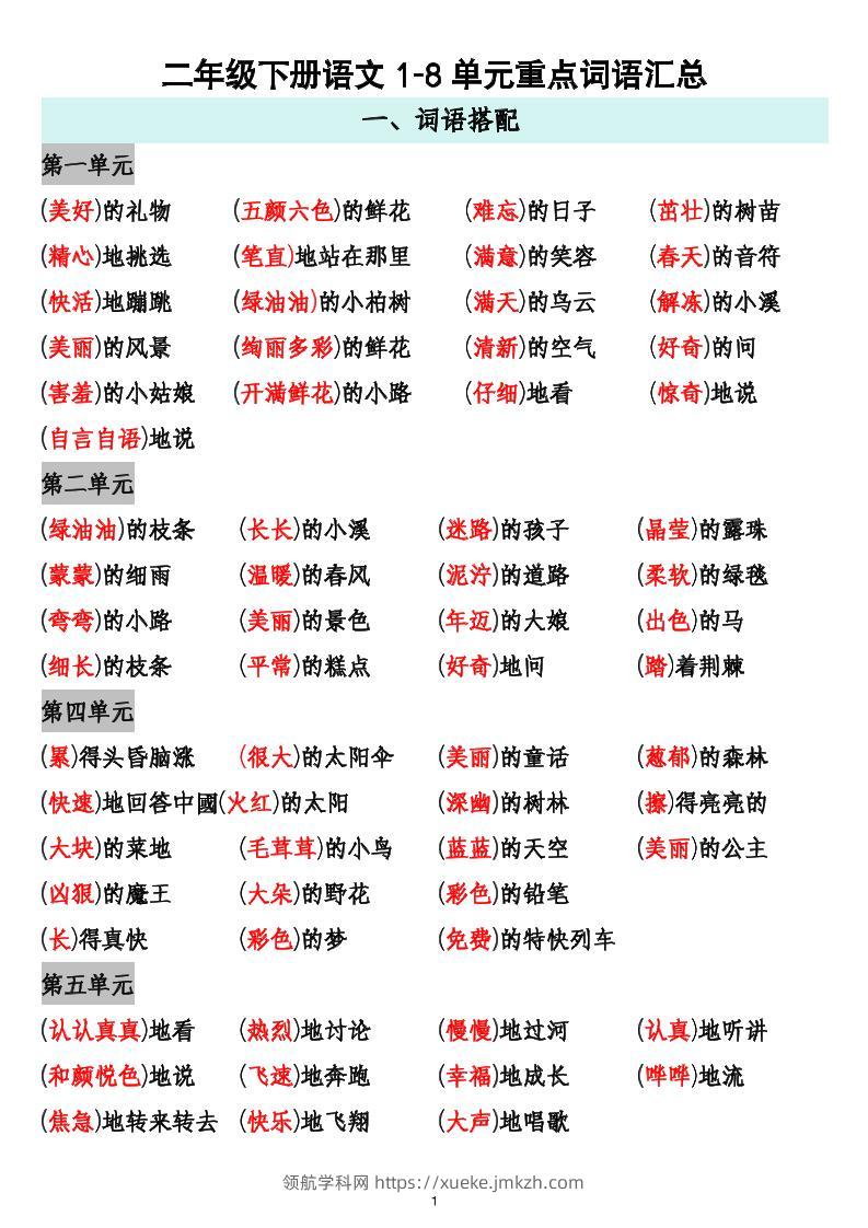 二下语文1-8单元重点词语搭配归纳6页-领航学科网