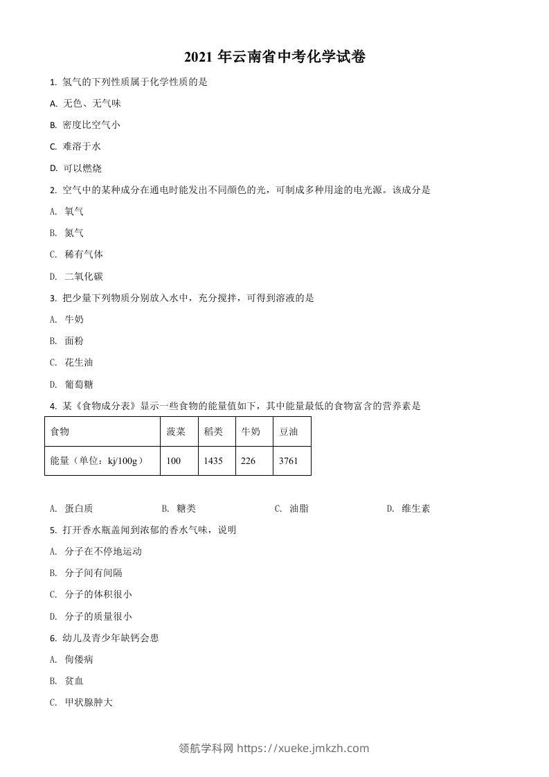 云南省2021年中考化学试题（空白卷）-领航学科网