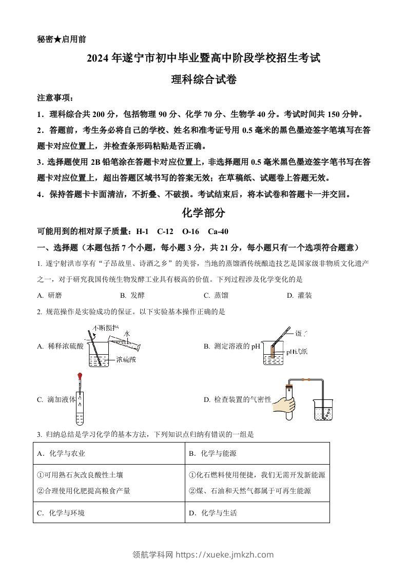 2024年四川省遂宁市中考化学真题（空白卷）-领航学科网