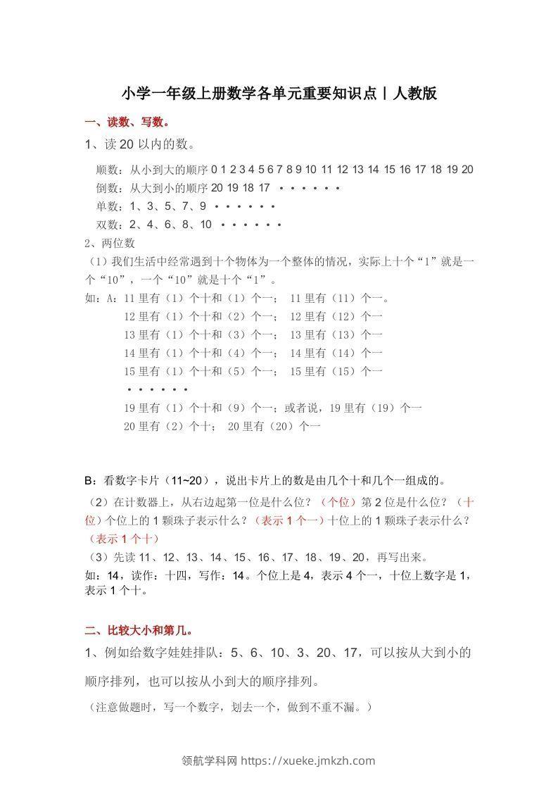人教版一年级数学上册概念知识点整理-领航学科网