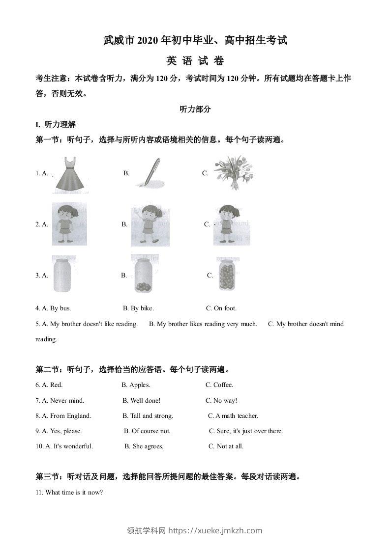 甘肃省武威市2020年中考英语试题（含答案）-领航学科网