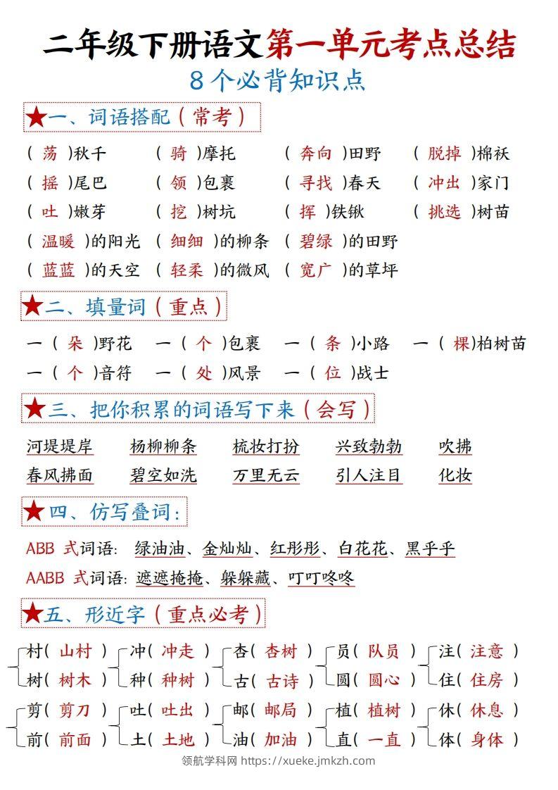 二下语文【考点】总结（8个必背知识点+练习）42页-领航学科网