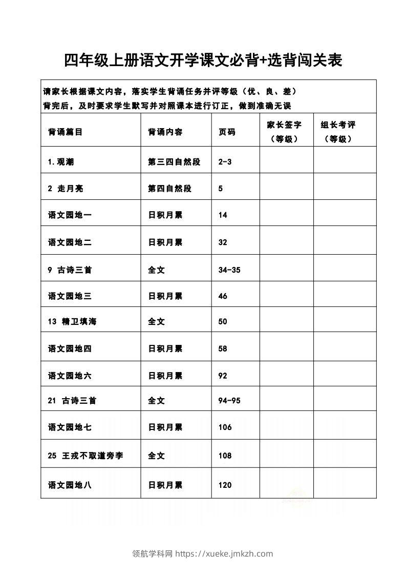 四（上）语文开学课文必背+选背闯关表-领航学科网