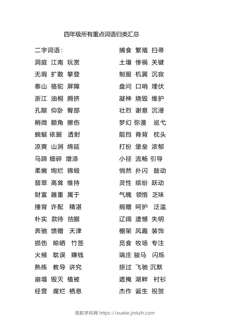 四（上）语文重点词语归类汇总-领航学科网