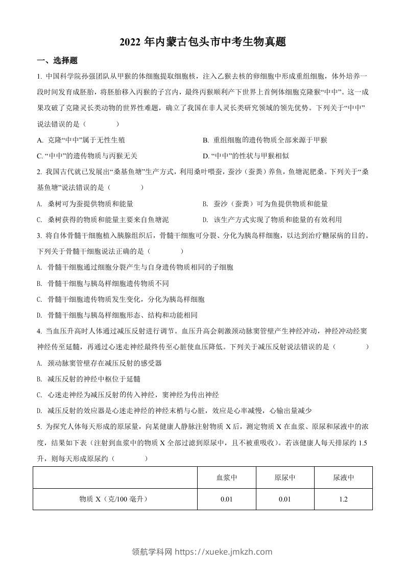 2022年内蒙古包头市中考生物真题（空白卷）-领航学科网