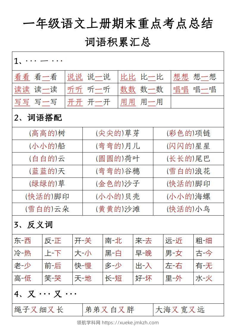 【期末重点考点总结词语积累汇总】一上语文-领航学科网