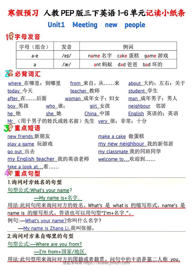 人教PEP版三下英语1-6单元记读小纸条-领航学科网
