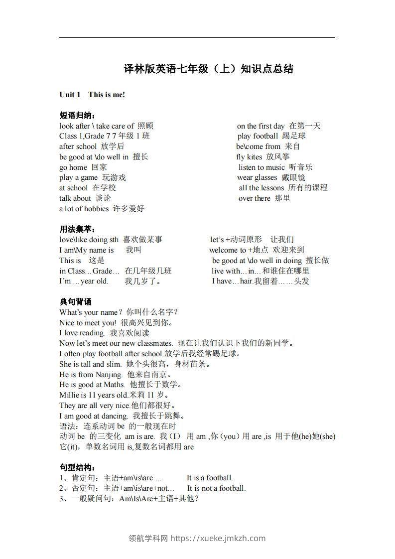 译林版英语七年级上册单元知识点总结(1)-领航学科网