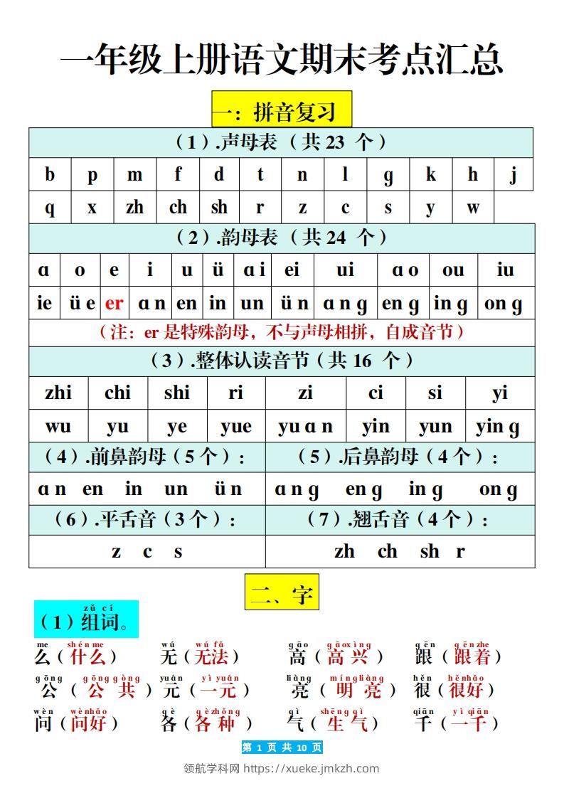 一年级上册语文期末考考点汇总-领航学科网