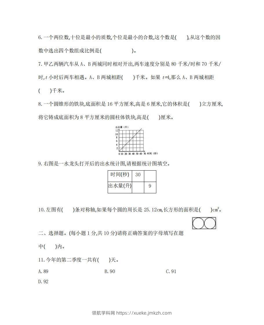 图片[2]-六（下）广东省数学小升初测试卷-领航学科网