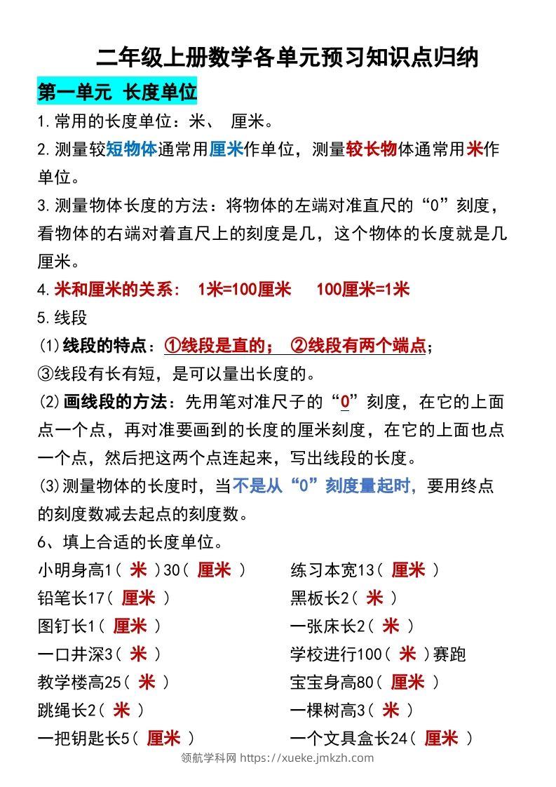 二年级上册数学各单元预习知识点归纳-领航学科网