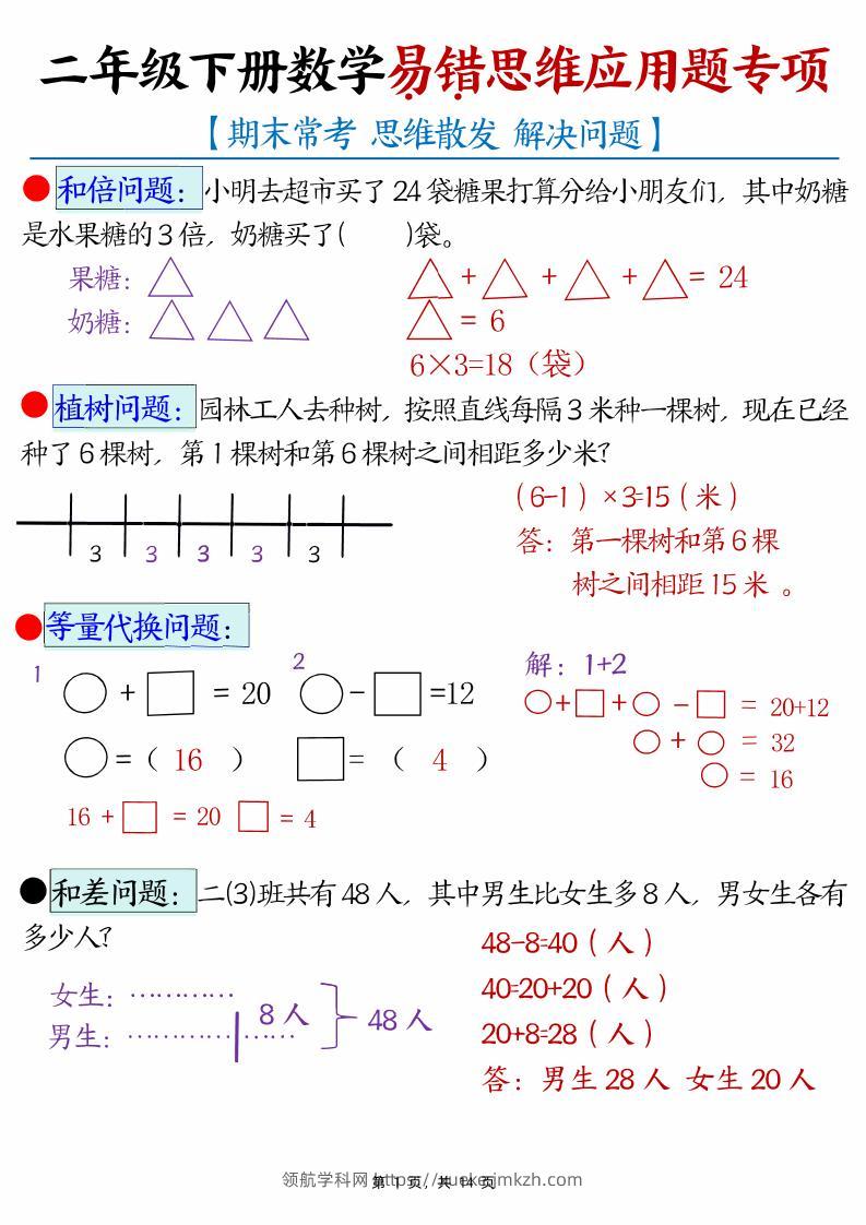 二下数学易错思维应用题专项（28道母题）练习+答案版14页-领航学科网