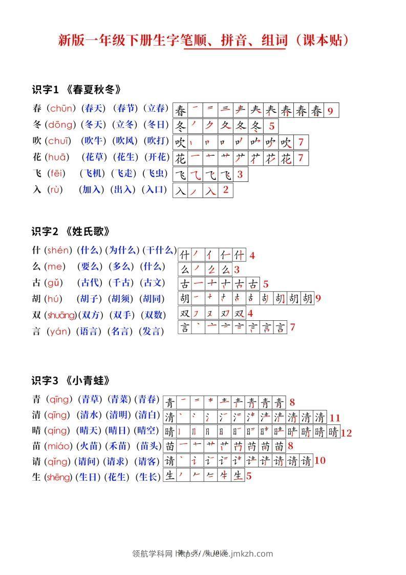 新版一下语文生字笔顺拼音组词（课课贴课本贴）10页-领航学科网