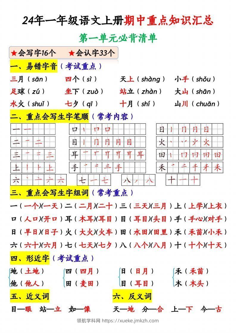 24年一年级语文上册期中重点知识汇总1_纯图版-领航学科网