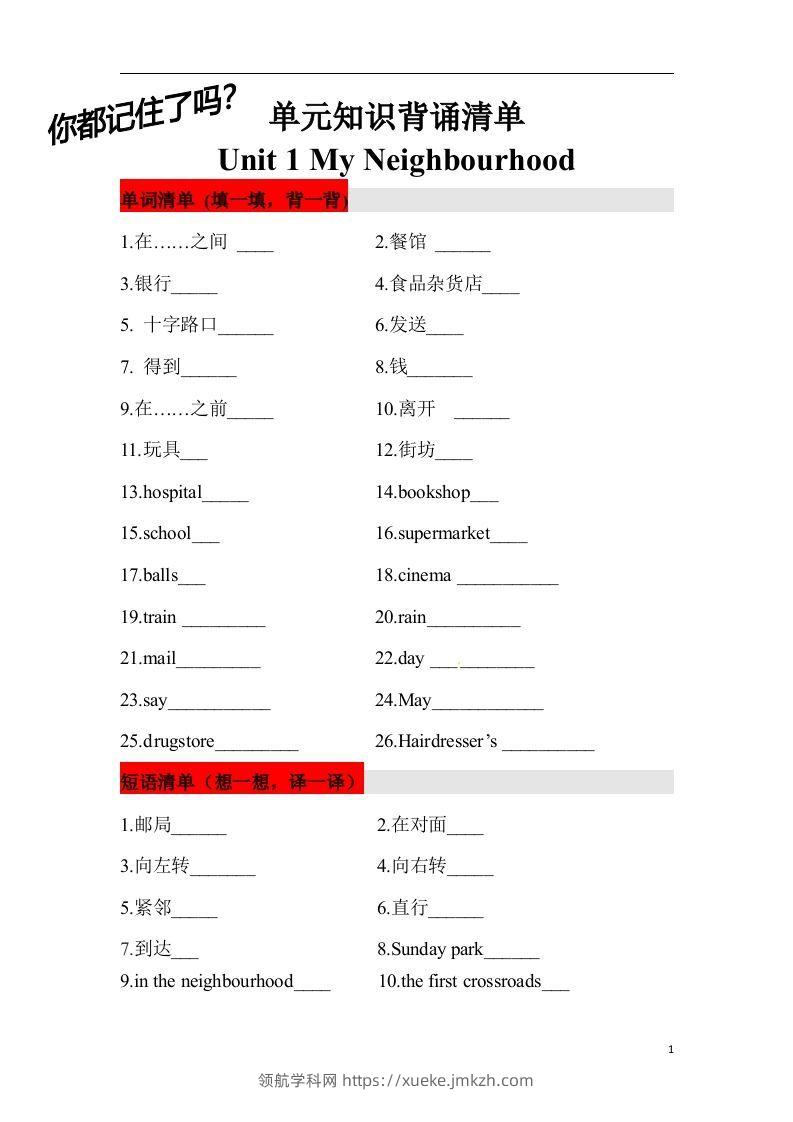 ❤四年级英语下册单元知识背诵清单Unit1MyNeighbourhood人教新起点（含答案）-领航学科网