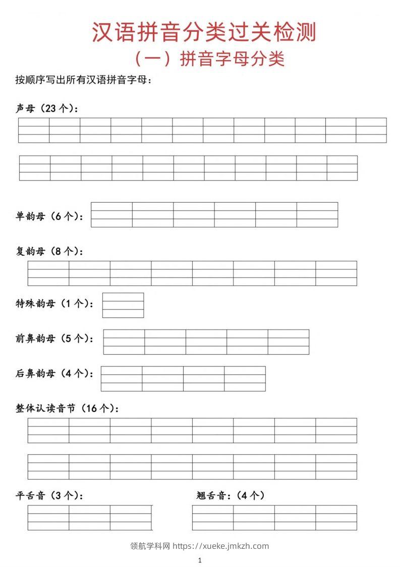 汉语拼音分类过关检测-领航学科网