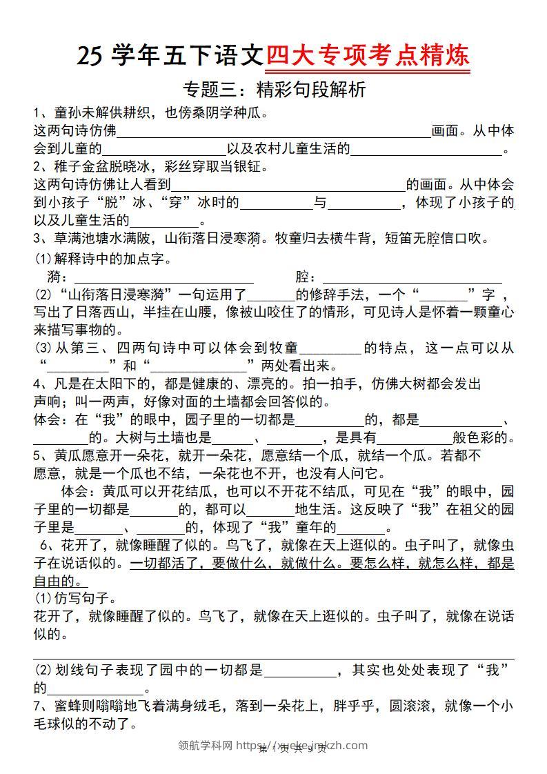 25学年五下语文四大专项考点精炼（专题三：精彩句段解析）-领航学科网