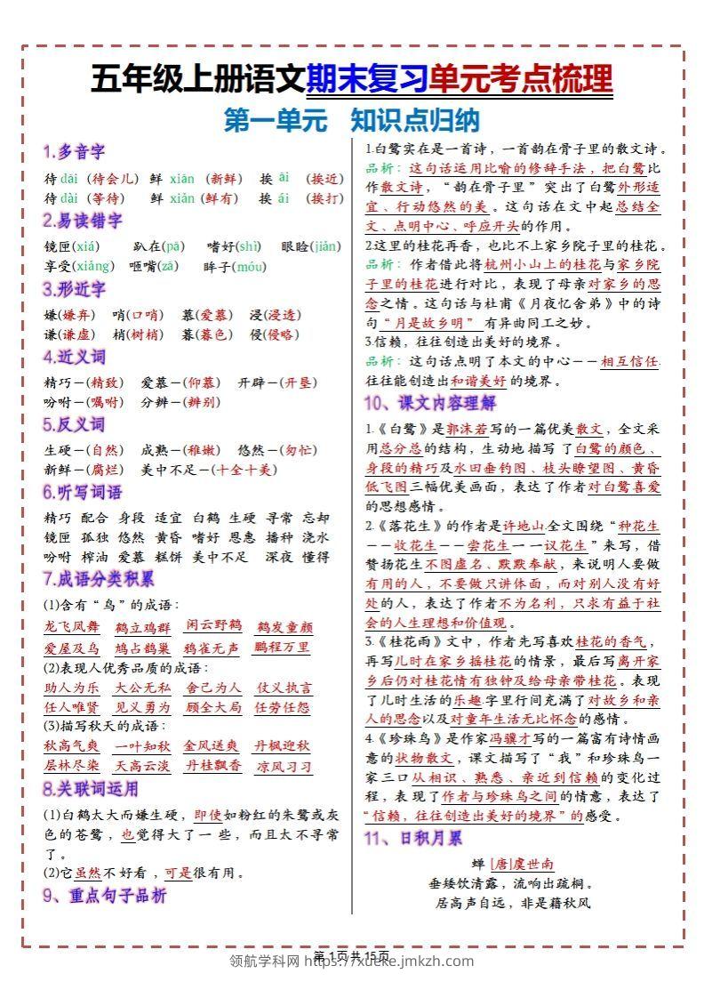 【期末复习1-8单元考点梳理】五上语文-领航学科网