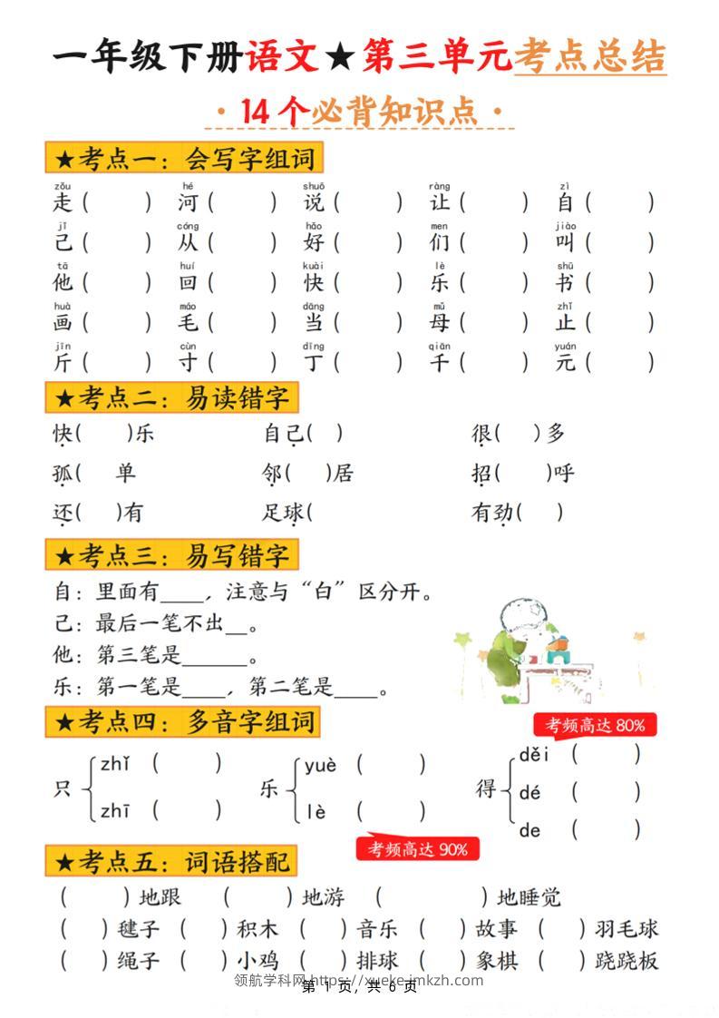 一下语文第三单元考点总结（含练习6页）-领航学科网