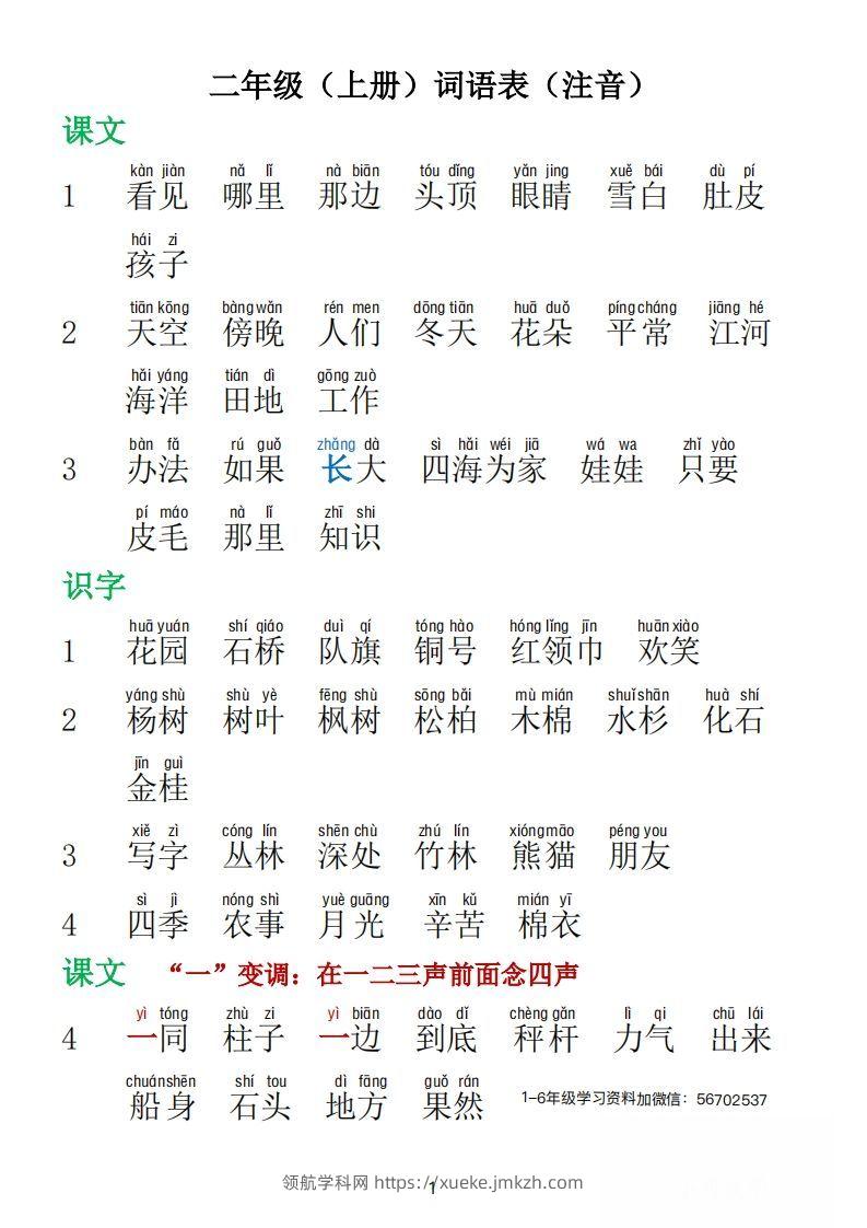 二年级语文上册词语表拼音版1-领航学科网