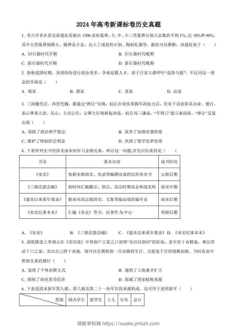 2024年高考历史试卷（新课标）（空白卷）-领航学科网