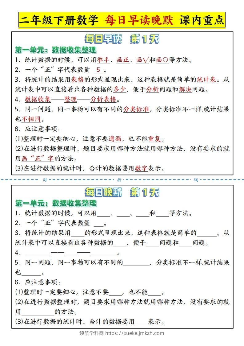 二下数学每日晨读晚默课内重点知识点（人教版）-领航学科网