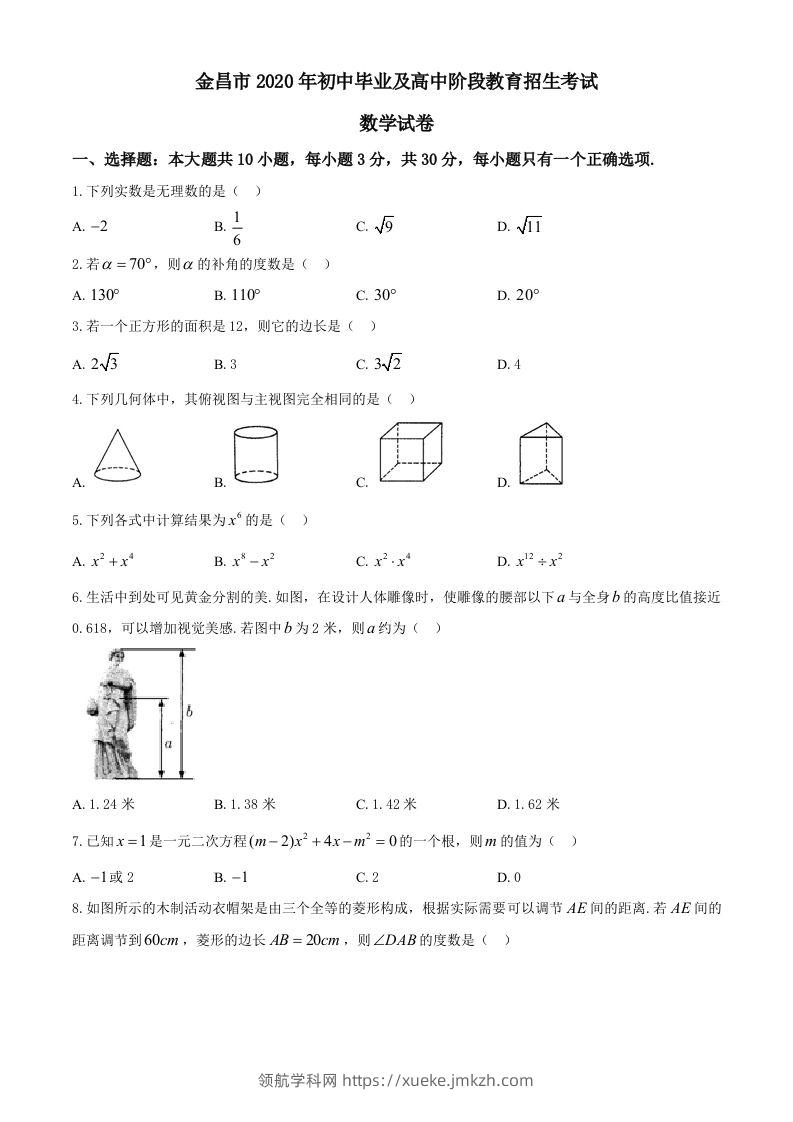 甘肃省金昌市2020年中考数学试题-领航学科网