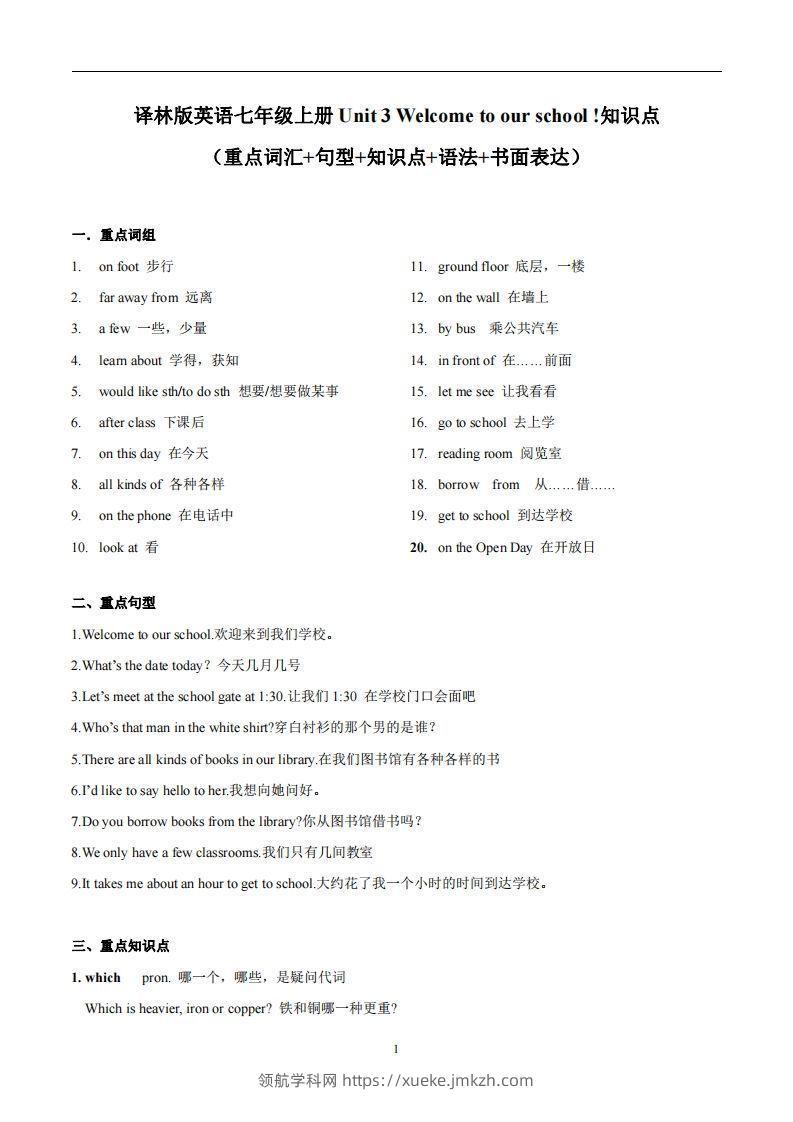 译林版英语七年级上册‬Unit3Welcometoourschool知识点_decrypted-领航学科网