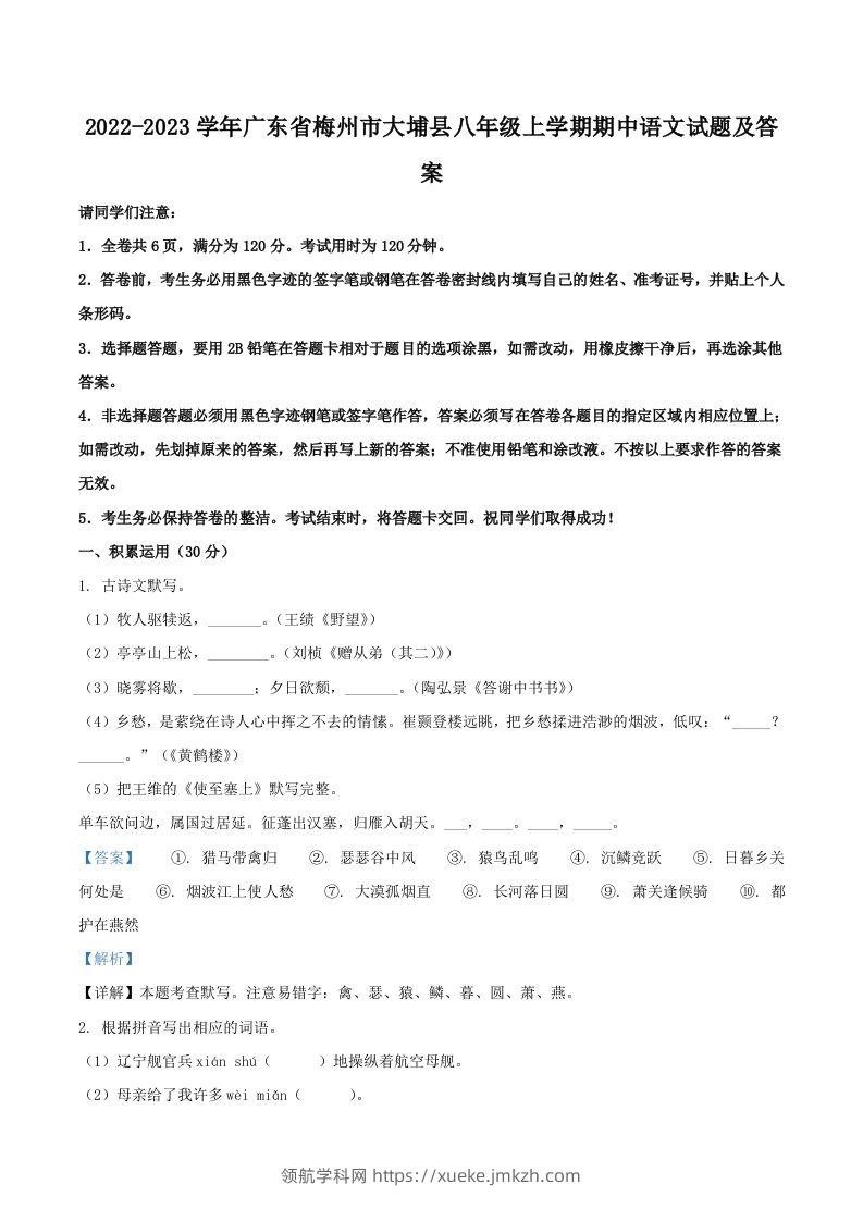 2022-2023学年广东省梅州市大埔县八年级上学期期中语文试题及答案(Word版)-领航学科网