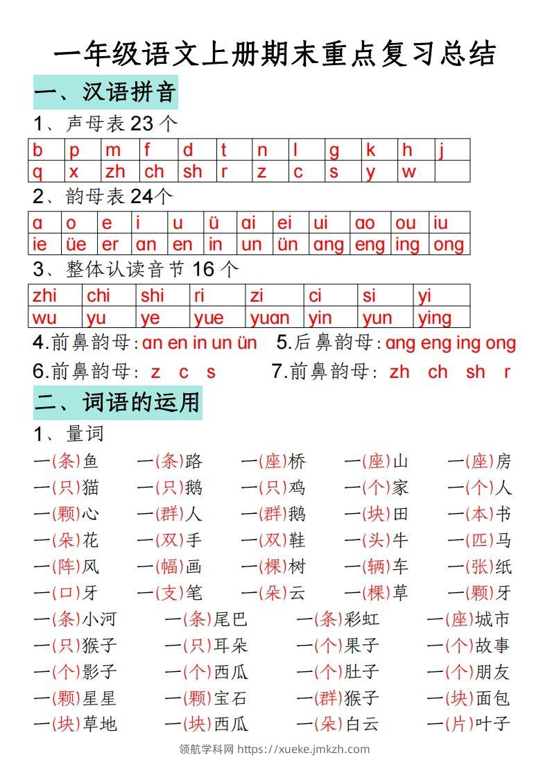 一年级语文上册期末重点复习总结-领航学科网